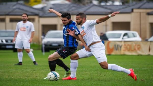 Bayswater City’s Gustavo Giron Marulanda and Perth SC’s David Cyrus