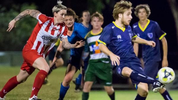 Olympic FC's Kirsten Jamieson and Gold Coast City's Ben Litfin.
