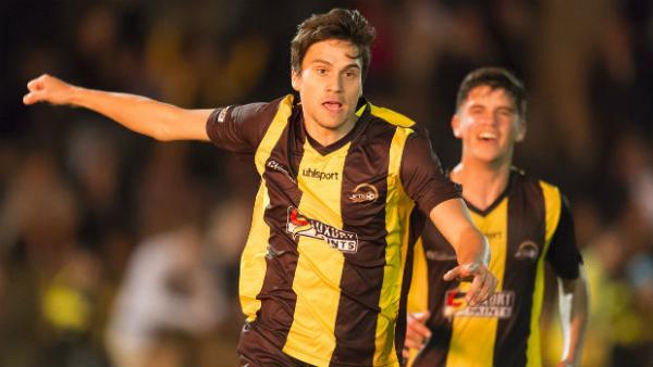 Moreton Bay United's Jordan Farina celebrates his winner. Image courtesy Albert Perez/Football Queensland
