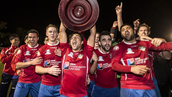 Bonnyrigg White Eagles celebrate clinching the NSW NPL title after their final day heroics.
