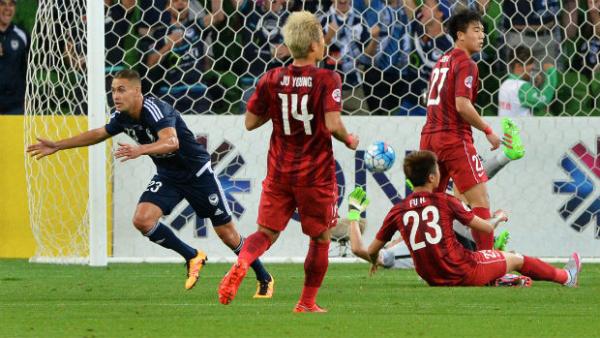 Melbourne Victory's Jai Ingham celebrates scoring their ACL campaign opener against Shanghai SIPG.