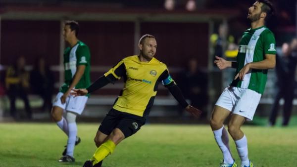 Moreton Bay United striker Royce Brownlie celebrates his hat-trick against Northern Fury
