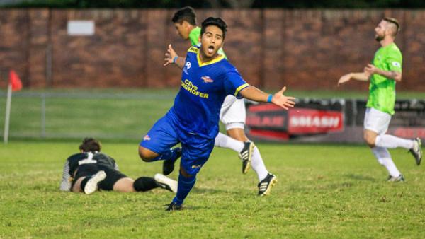A Thunder player celebrates a goal. Pics by Paul Smith
