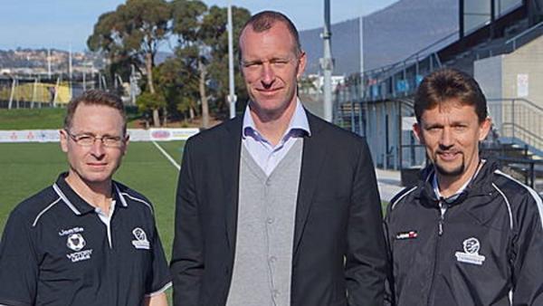 New Tasmanian coaches Glen McNeill and Tim Lunnon with Spencer Prior.