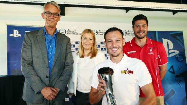 FFA CEO David Gallop, Sony marketing head Larissa Hazel, MetroStars' Fabian Barbiero and Croydon Kings' Rocky Visconte at the PlayStation 4 NPL 2015 launch.