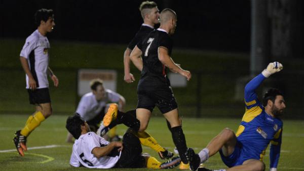 Blacktown City celebrate opening the scoring against Moreton Bay United. Images courtesy: Nigel Owen