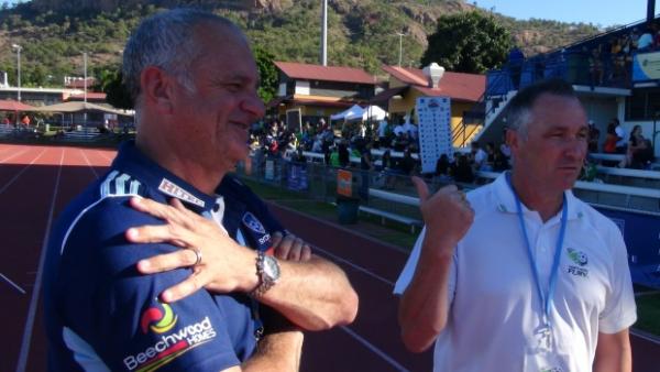 Graham Arnold and Ian Ferguson after their side's played on Sunday in the Townsville Football Cup.